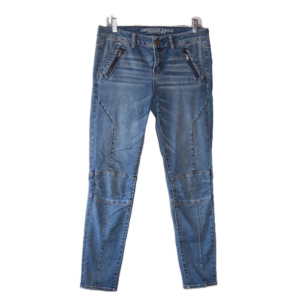 American Eagle Moto Skinny Jeans Womens Blue Good Zipper Detail Biker Denim 10L